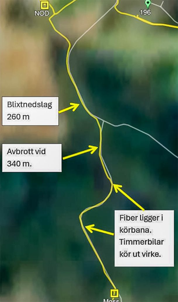 Enkel kartskiss över området där blixten slog ner.
